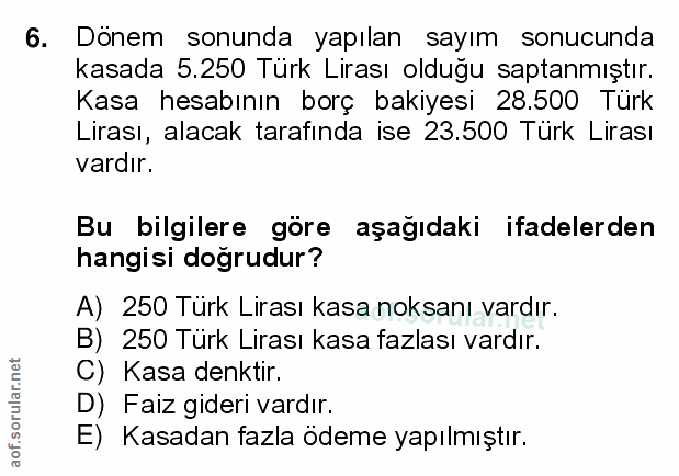 6. soru: Dönem sonunda yapılan sayım sonucunda kasada 5.250 Türk Lirası olduğu saptanmıştır. Kasa hesabının borç bakiyesi 28.5…