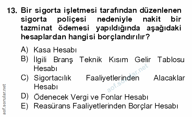13. soru: Bir sigorta işletmesi tarafından düzenlenen sigorta poliçesi nedeniyle nakit bir tazminat ödemesi yapıldığında aşağıd…
