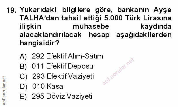19. soru: Yukarıdaki bilgilere göre, bankanın Ayşe TALHA'dan tahsil ettiği 5.000 Türk Lirasına ilişkin muhasebe kaydında alacak…