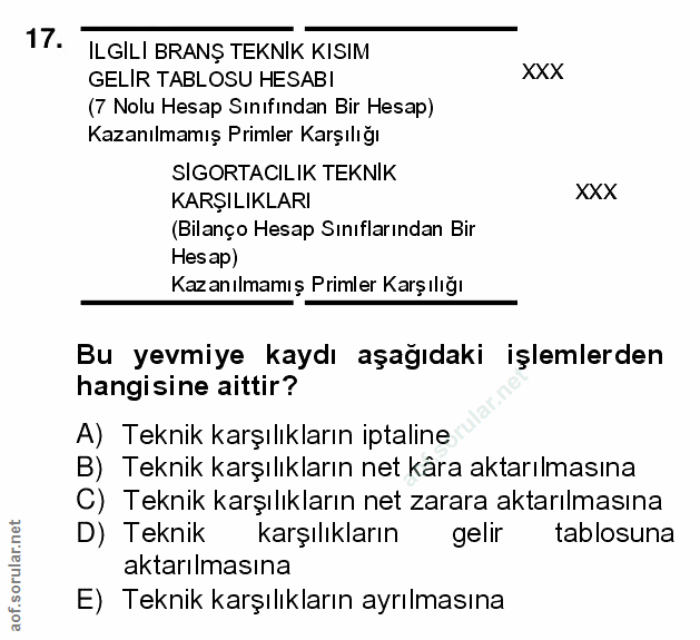 17. soru: İLGILI BRANŞ TEKNIK KISIM GELIR TABLOSU HESABI XXX (7 Nolu Hesap Sinıfindan Bir Hesap) Kazanılmamış Primler Karşılığı…