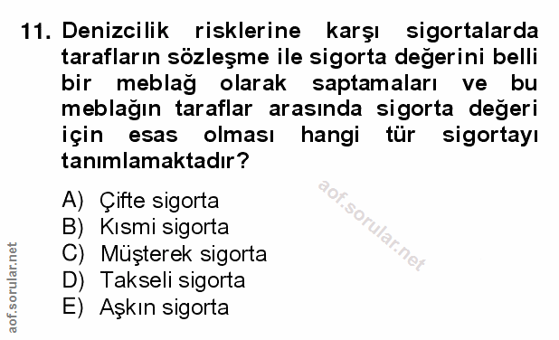 11. soru: Denizcilik risklerine karşı sigortalarda tarafların sözleşme ile sigorta değerini belli bir meblag olarak saptamaları…