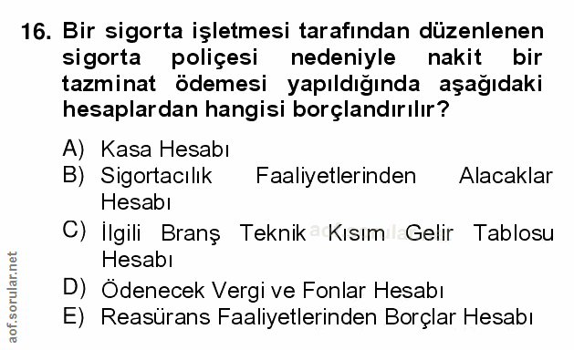 16. soru: Bir sigorta işletmesi tarafından düzenlenen sigorta poliçesi nedeniyle nakit bir tazminat ödemesi yapıldığında aşağıd…