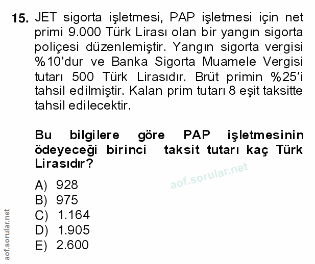 15. soru: JET sigorta işletmesi, PAP işletmesi için net primi 9.000 Türk Lirası olan bir yangın sigorta poliçesi düzenlemiştir.…
