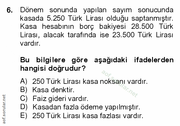 6. soru: Dönem sonunda yapılan sayım sonucunda kasada 5.250 Türk Lirası olduğu saptanmıştır. Kasa hesabının borç bakiyesi 28.5…
