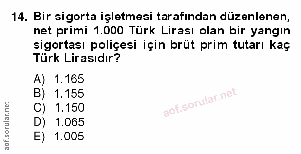 14. soru: Bir sigorta işletmesi tarafından düzenlenen, net primi 1.000 Türk Lirası olan bir yangın sigortası poliçesi için brüt…