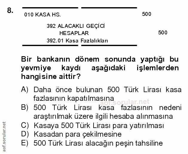 8. soru: 010 KASA HS. 500 392 ALACAKLI GEÇİCI HESAPLAR 500 392.01 Kasa Fazlalıkları Bir bankanın dönem sonunda yaptığı bu yevm…