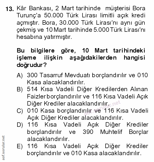 13. soru: Kar Bankası, 2 Mart tarihinde müşterisi Bora Turunç'a 50.000 Türk Lirası limitli açık kredi açmıştır. Bora, 30.000 Tü…