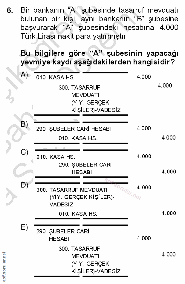6. soru: Bir bankanın "A" şubesinde tasarruf mevduatı bulunan bir kişi, aynı bankanın "B" şubesine başvurarak "A" şubesindeki…