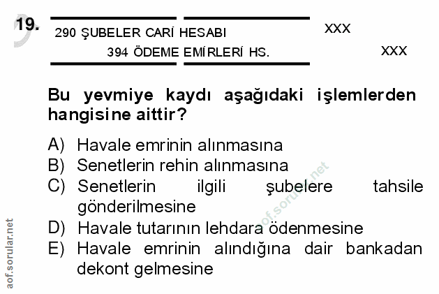 19. soru: 290 ŞUBELER CARİ HESABI xXX 394 ÖDEME EMIRLERİ HS. XXX Bu yevmiye kaydı aşağıdaki işlemlerden hangisine aittir? A) Ha…