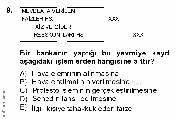 9. soru: MEVDUATA VERILEN FAIZLER HS. XXX FAIZ VE GIDER REESKONTLARI HS. XXX Bir bankanın yaptığı bu yevmiye kaydı aşağıdaki i…