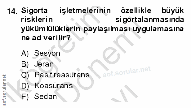 14. soru: Sigorta işletmelerinin özellikle büyük risklerin sigortalanmasında yükümlülüklerin paylaşılması uygulamasına ne ad ve…