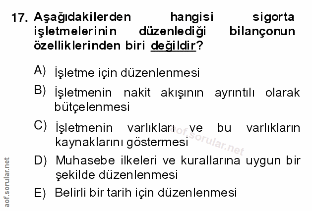 17. soru: Aşağıdakilerden hangisi sigorta işletmelerinin düzenlediği bilançonun özelliklerinden biri değildir? A) İşletme için…