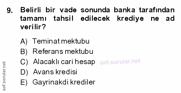9. soru: Belirli bir vade sonunda banka tarafından tamamı tahsil edilecek krediye ne ad verilir? A) Teminat mektubu B) Referan…