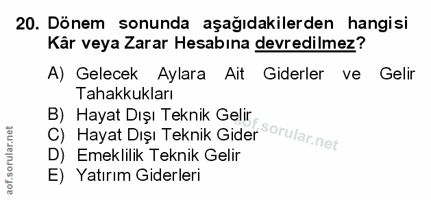 20. soru: Dönem sonunda aşağıdakilerden hangisi Kâr veya Zarar Hesabına devredilmez? A) Gelecek Aylara Ait Giderler ve Gelir Ta…