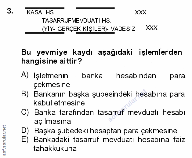 3. soru: KASA HS. XXX TASARRUFMEVDUATI HS. (YIY- GERÇEK KIŞILER)- VADESIZ XXX Bu yevmiye kaydı aşağıdaki işlemlerden hangisine…