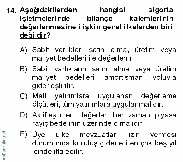 14. soru: Aşağıdakilerden hangisi sigorta işletmelerinde bilanço kalemlerinin değerlenmesine ilişkin genel ilkelerden biri deği…
