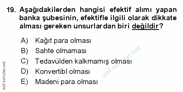 19. soru: Aşağıdakilerden hangisi efektif alımı yapan banka şubesinin, efektifle ilgili olarak dikkate alması gereken unsurlard…