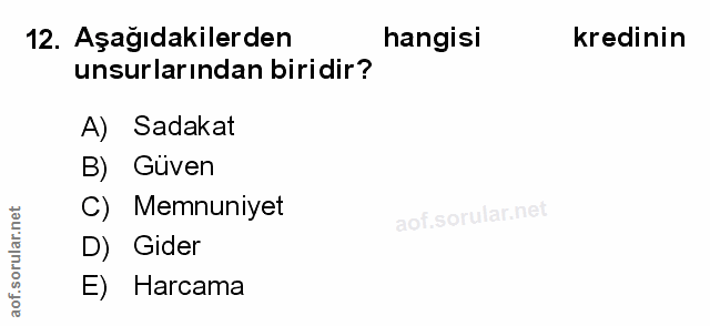12. soru: Aşağıdakilerden hangisi kredinin unsurlarından biridir? A) Sadakat B) Güven C) Memnuniyet D) Gider E) Harcama