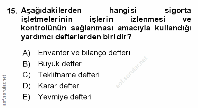 15. soru: Aşağıdakilerden hangisi sigorta işletmelerinin işlerin izlenmesi ve kontrolünün sağlanması amacıyla kullandığı yardım…
