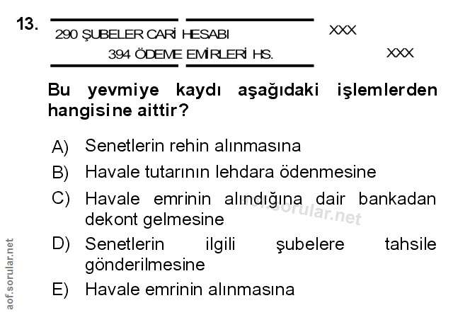 13. soru: xxx 290 ŞUBELER CARI HESABI 394 ODEME EMIRLERI HS. xxX Bu yevmiye kaydı aşağıdaki işlemlerden hangisine aittir? A) Se…