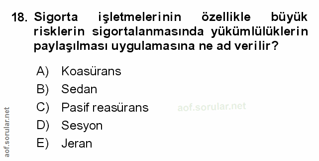 18. soru: Sigorta işletmelerinin özellikle büyük risklerin sigortalanmasında yükümlülüklerin paylaşılması uygulamasına ne ad ve…