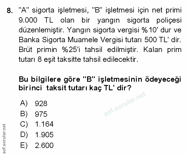 8. soru: "A" sigorta işletmesi, "B" işletmesi için net primi 9.000 TL olan bir yangın sigorta poliçesi düzenlemiştir. Yangın s…