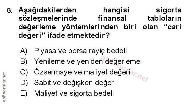 6. soru: Aşağıdakilerden hangisi sigorta sozleşmelerinde finansal tabloların değerleme yöntemlerinden biri olan "cari degeri"…