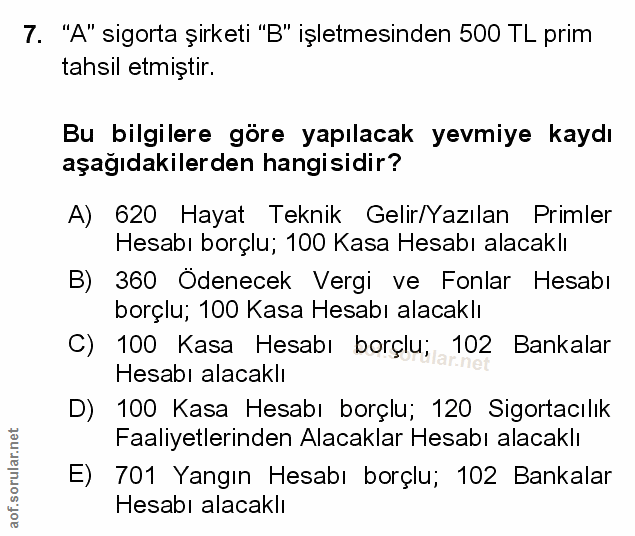 7. soru: "A" sigorta şirketi "B" işletmesinden 500 TL prim tahsil etmiştir. Bu bilgilere göre yapılacak yevmiye kaydı aşağıdak…