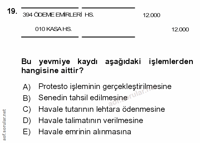 19. soru: 394 ÖDEME EMİRLERI HS. 12.000 010 KASA HS. 12.000 Bu yevmiye kaydı aşağıdaki işlemlerden hangisine aittir? A) Protest…