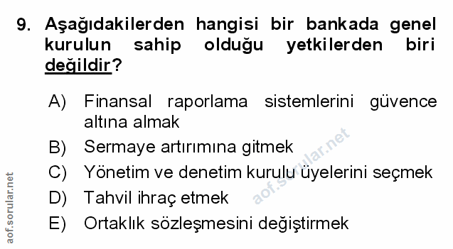 9. soru: Aşağıdakilerden hangisi bir bankada genel kurulun sahip olduğu yetkilerden biri değildir? A) Finansal raporlama siste…