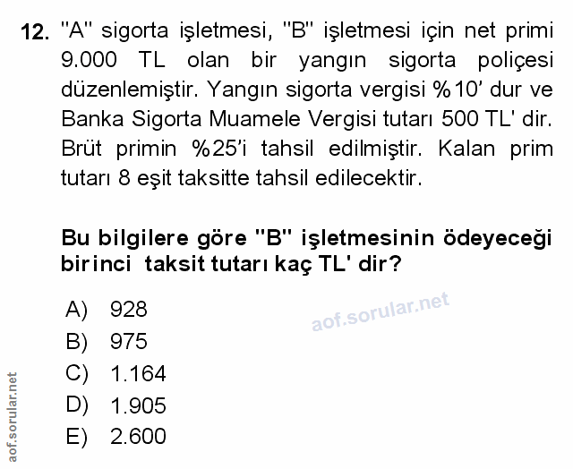 12. soru: "A" sigorta işletmesi, "B" işletmesi için net primi 9.000 TL olan bir yangın sigorta poliçesi düzenlemiştir. Yangın s…