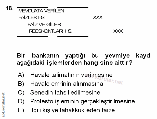 18. soru: MEVDUATA VERILEN FAİZLER HS. XXX FAIZ VE GIDER REESKONTLARI HS. xxX Bir bankanın yaptığı bu yevmiye kaydı aşağıdaki i…