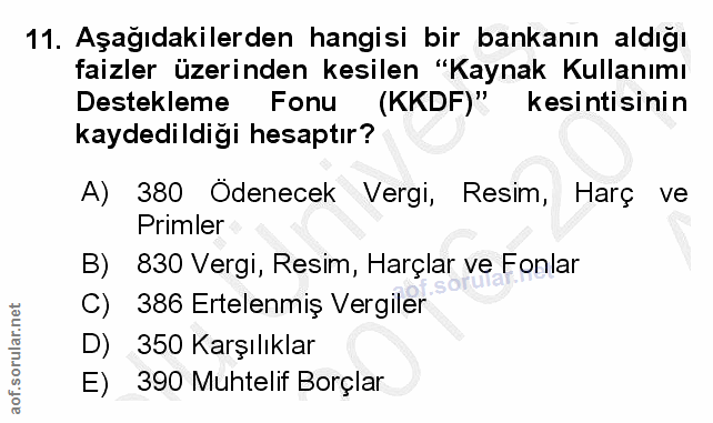 11. soru: Aşağıdakilerden hangisi bir bankanın aldığı faizler üzerinden kesilen "Kaynak Kullanımı Destekleme Fonu (KKDF)" kesin…