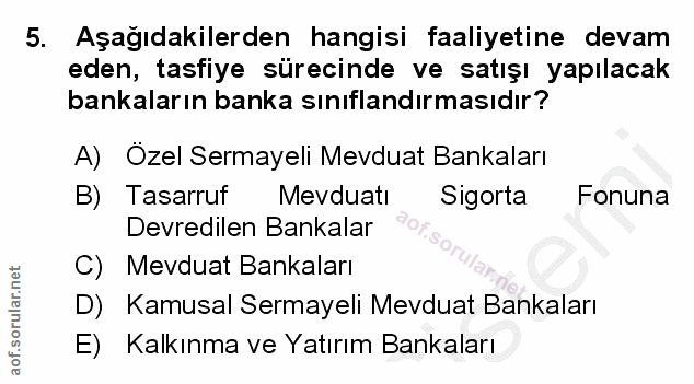 5. soru: Aşağıdakilerden hangisi faaliyetine devam eden, tasfiye sürecinde ve satışı yapılacak bankaların banka sınıflandırmas…