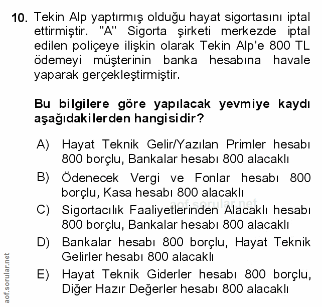 10. soru: Tekin Alp yaptırmış olduğu hayat sigortasını iptal ettirmiştir. "A" Sigorta şirketi merkezde iptal edilen poliçeye il…