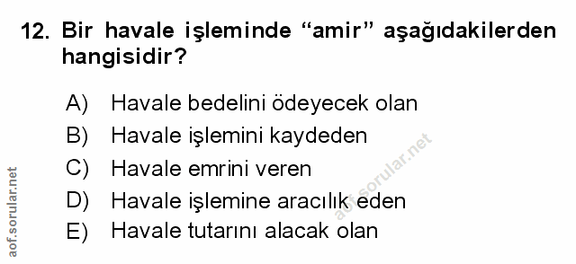 12. soru: Bir havale işleminde "amir" aşağıdakilerden hangisidir? A) Havale bedelini ödeyecek olan B) Havale işlemini kaydeden…