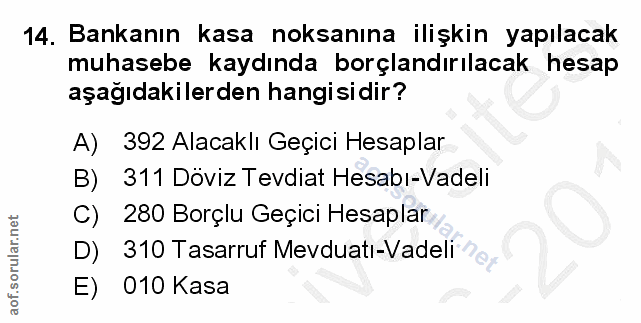 14. soru: Bankanın kasa noksanına ilişkin yapılacak muhasebe kaydında borçlandırılacak hesap aşağıdakilerden hangisidir? A) 392…