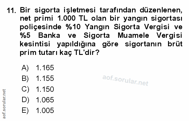 11. soru: Bir sigorta işletmesi tarafından düzenlenen, net primi 1.000 TL olan bir yangın sigortası poliçesinde %10 Yangın Sigo…