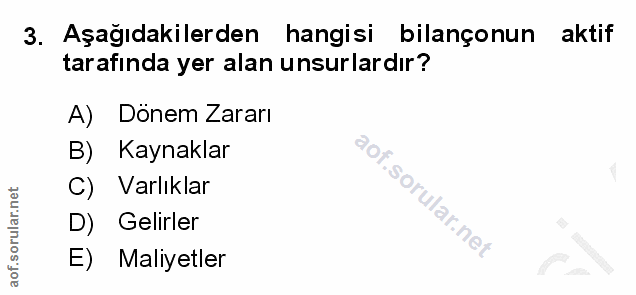3. soru: Aşağıdakilerden hangisi bilançonun aktif tarafında yer alan unsurlardır? A) Dönem Zararı B) Kaynaklar C) Varlıklar i…