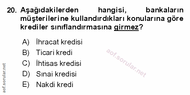 20. soru: Aşağıdakilerden hangisi, bankaların müşterilerine kullandırdıkları konularına göre krediler sınıflandırmasına girmez?…