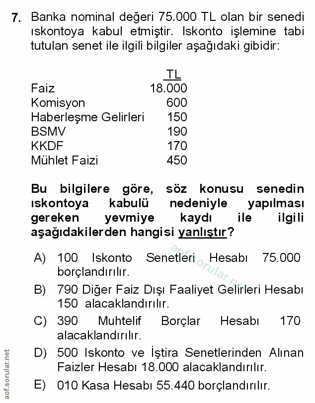 7. soru: Banka nominal degeri 75.000 TL olan bir senedi ıskontoya kabul etmiştir. Iskonto işlemine tabi tutulan senet ile ilgi…