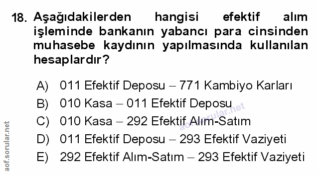 18. soru: Aşağıdakilerden hangisi efektif alım işleminde bankanın yabancı para cinsinden muhasebe kaydının yapılmasında kullanı…