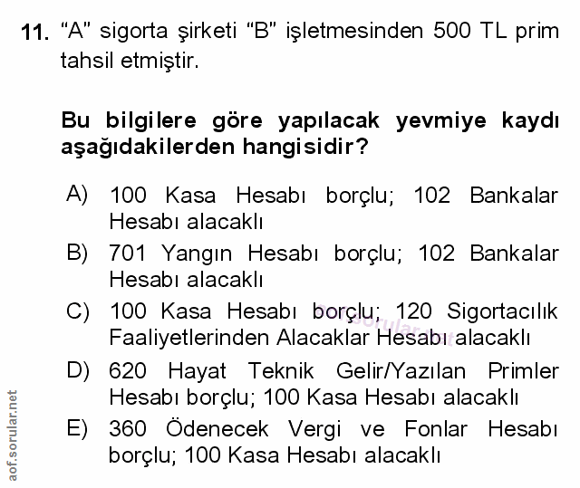 11. soru: "A" sigorta şirketi "B" işletmesinden 500 TL prim tahsil etmiştir. Bu bilgilere göre yapılacak yevmiye kaydı aşağıdak…