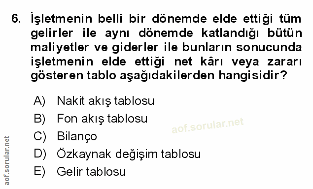 6. soru: Işletmenin belli bir dönemde elde ettiği tüm gelirler ile aynı dönemde katlandığı bütün maliyetler ve giderler ile bu…