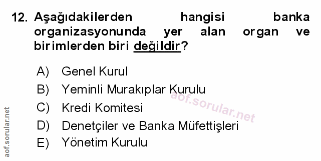 12. soru: Aşağıdakilerden hangisi banka organizasyonunda yer alan organ ve birimlerden biri değildir? A) Genel Kurul B) Yeminli…
