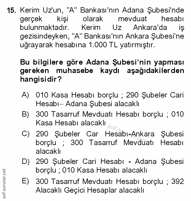 15. soru: Kerim Uz'un, "A" Bankası'nın Adana Şubesinde gerçek kişi olarak mevduat hesabı bulunmaktadır. Kerim Uz Ankara'da gezi…
