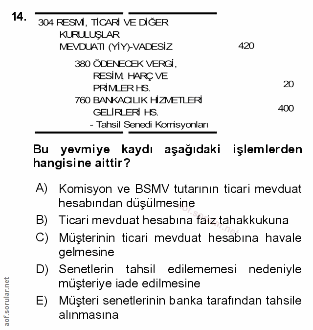 14. soru: 304 RESM, TİCARI VE DIGER KURULUŞLAR MEVDUATI (YIY)-VADESIZ 420 380 ODENECEK VERGI, RESIM, HARÇ VE 20 PRIMLER HS. 760…
