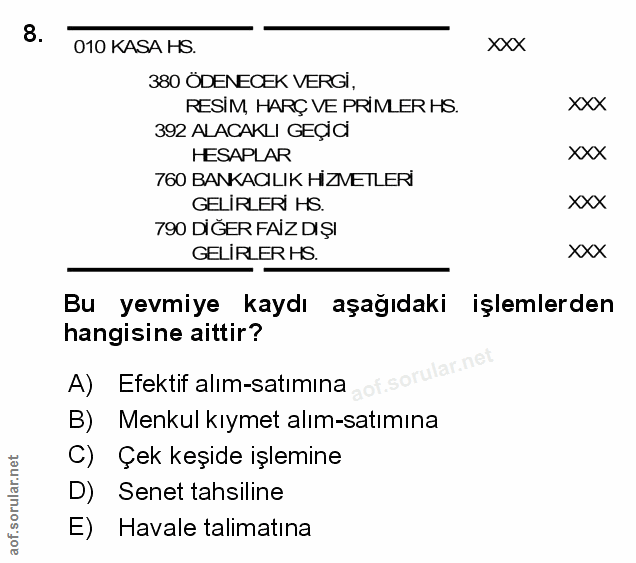 8. soru: 010 KASA HS. xxx 380 ÖDENECEK VERGİ, RESİM, HARÇ VE PRIMLER HS. XXX 392 ALACAKLI GEÇİC HESAPLAR xxx 760 BANKAGILIK Hİ…
