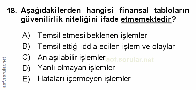 18. soru: Aşağıdakilerden hangisi finansal tabloların güvenilirlik niteliği ni ifade etmemektedir? A) Temsil etmesi beklenen iş…