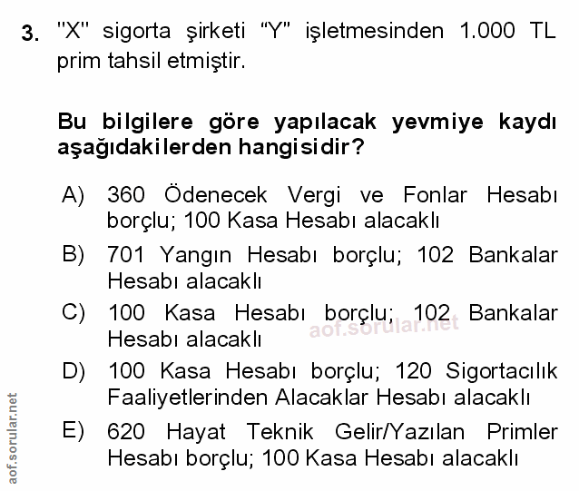 3. soru: "'X" sigorta şirketi "Y" işletmesinden 1.000 TL prim tahsil etmiştir. Bu bilgilere göre yapılacak yevmiye kaydı aşağı…